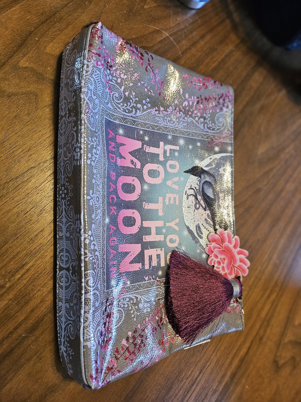 Payaya Art Pink Floral Love You To The Moon Faux Patent Leather Zippered Pouch